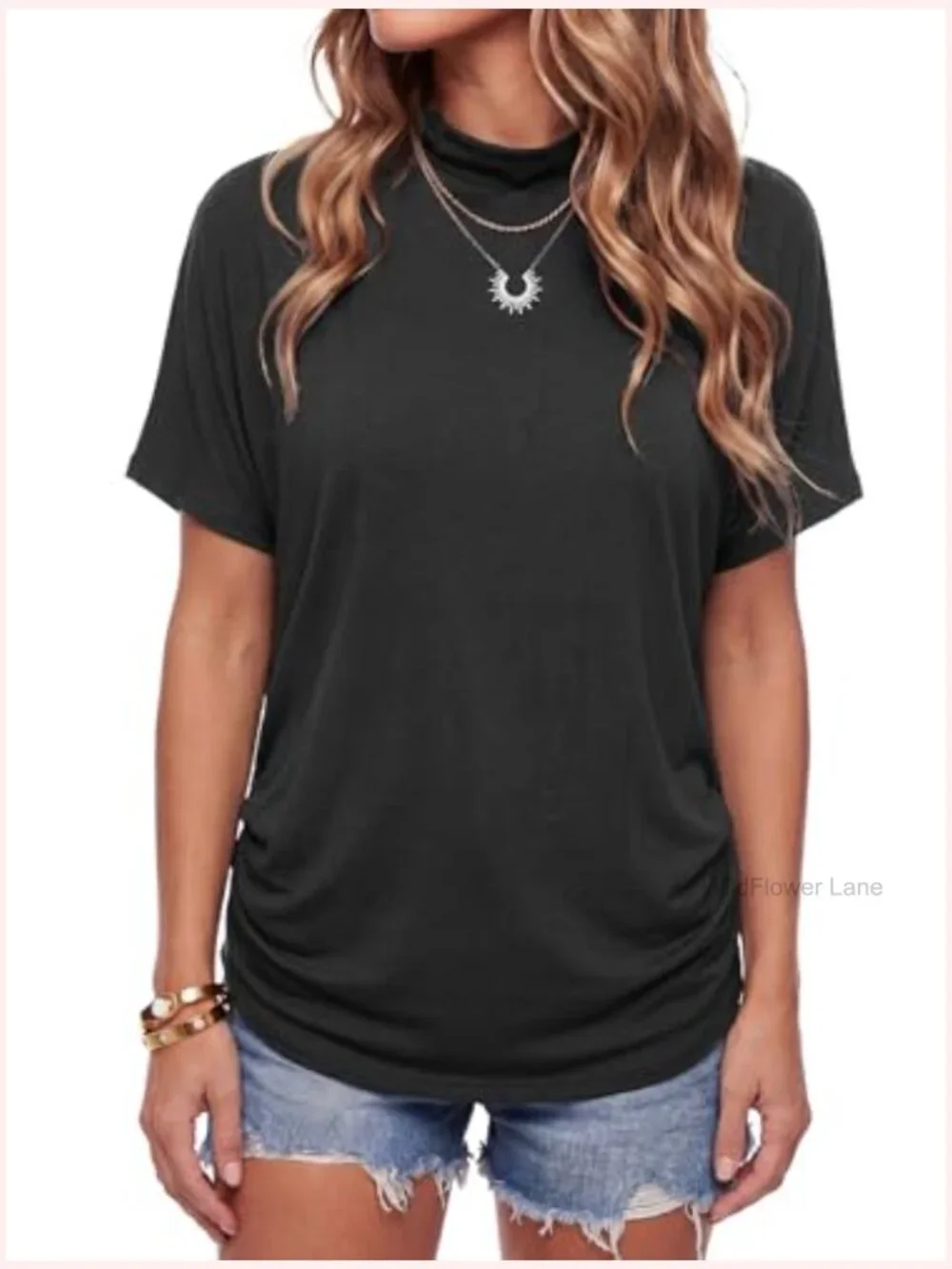Mock Neck Batwing Short Sleeve Asymmetric Hem Blouse - Picture 2 of 7